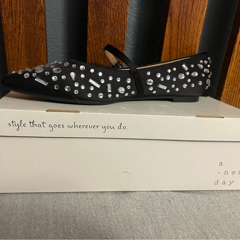 a new day Black Jeweled Mary Jane Flats